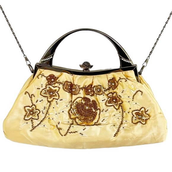 Vintage Handbags - Vintage gold satin embroidered beaded floral chain strap crossbody bag